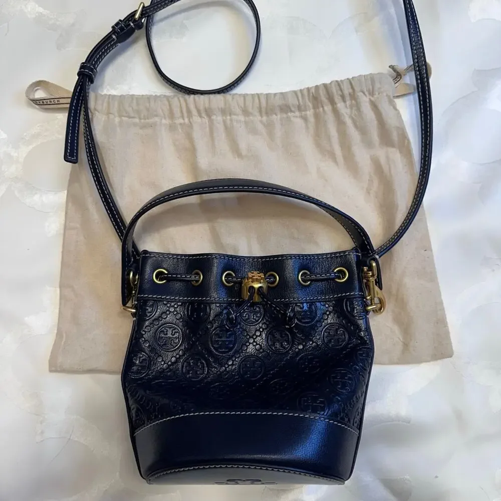 Tory Burch T Monogram Mini Bucket Bag Midnight Blue Leather Crossbody NWOT - Picture 4 of 5